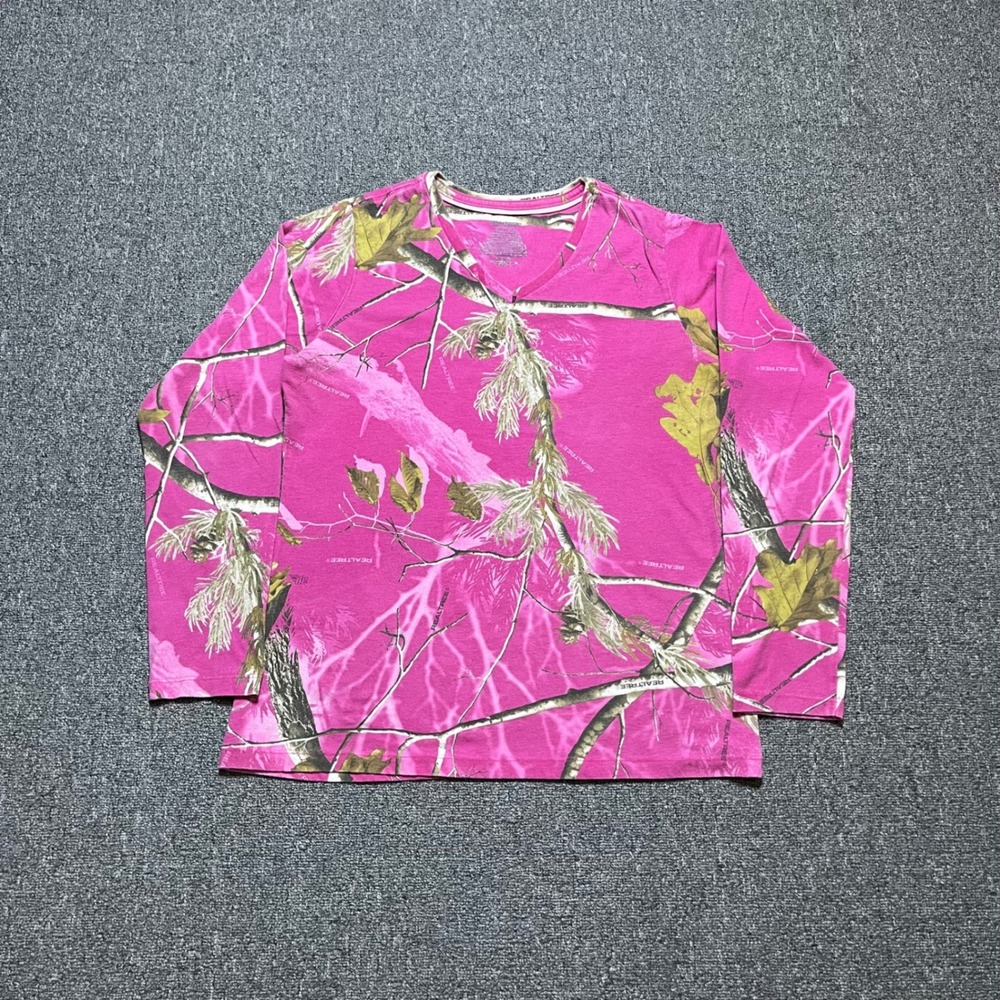 Realtree Camo Long Sleeve‎ Shirt Large (12-14) Pink V-Neck Hunting Outdoor Tee